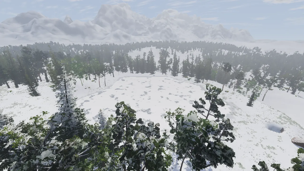 Ein zugefrorener See im verschneiten Nadelwald.